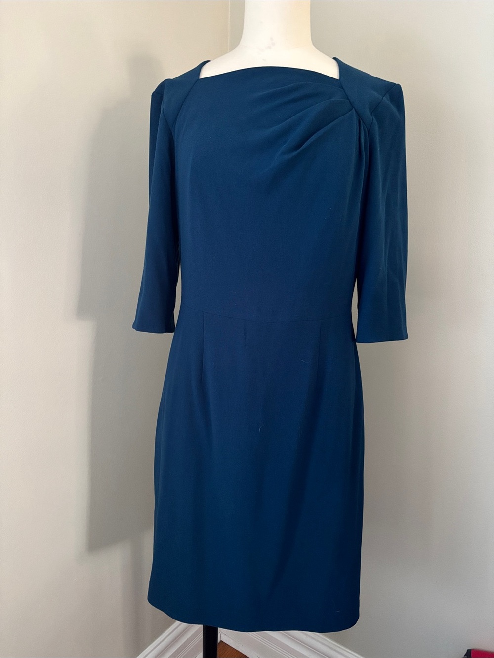 Sandra Angelozzi Blue Sheath with Pleats and Keyhole Back Sz40
